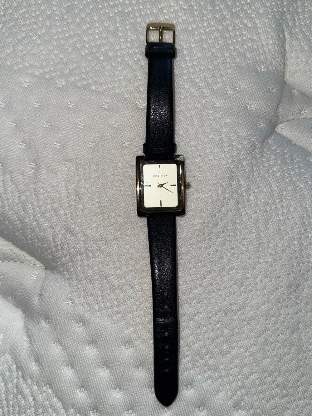 Anne Klein Black Leather Strap Rectangular Gold-Tone Case Watch